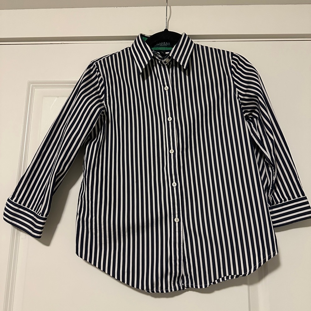 Navy and White Striped Button-Up Shirt